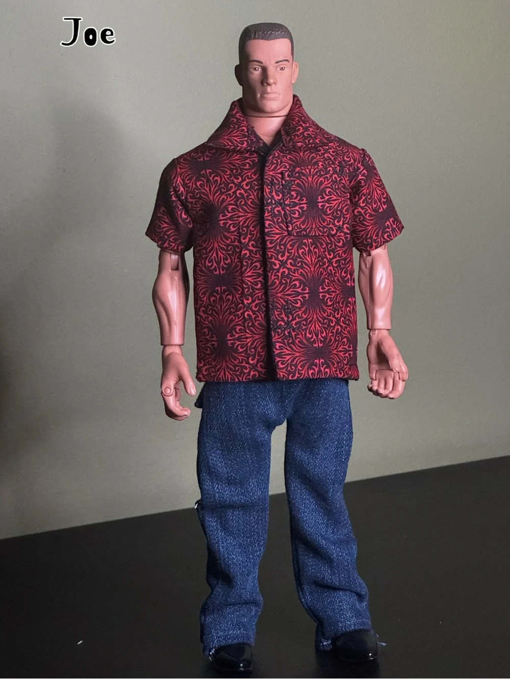 Crimson damask swirl print doll shirt lined in black